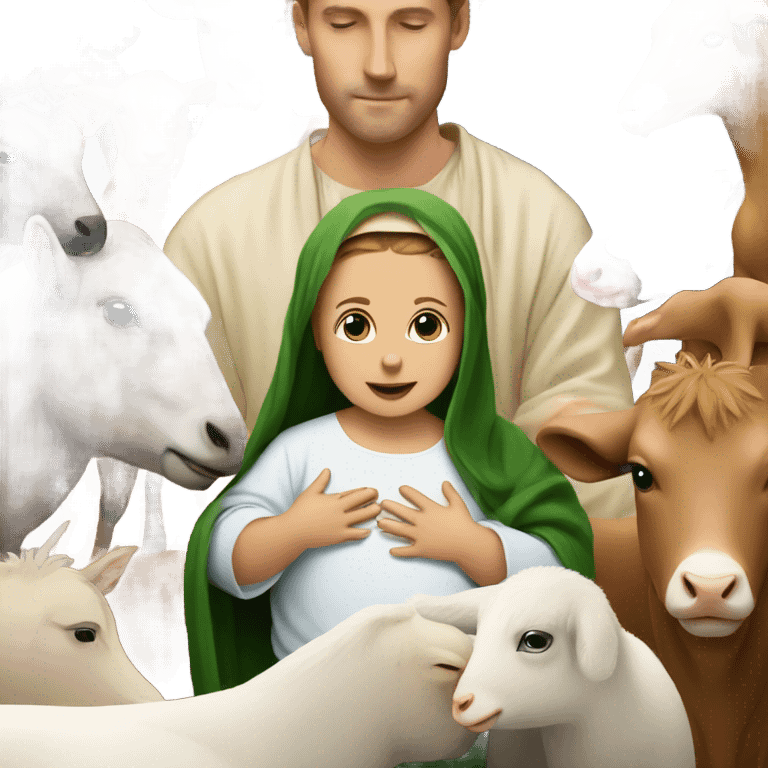 Baby Jesus surrounded by parents and farm animals emoji