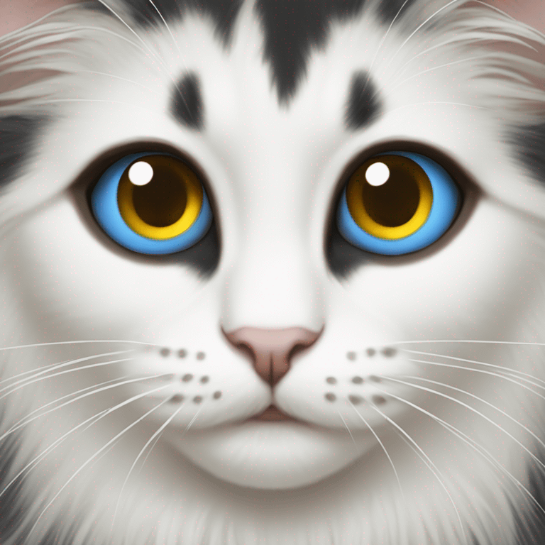 Black and white long haired odd-eyed cat with right eye blue and left eye yellow-brown. Different color eye. emoji