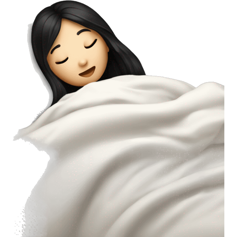 asian cute girl with long beauty black hair sleeping with white blanket and pillow emoji