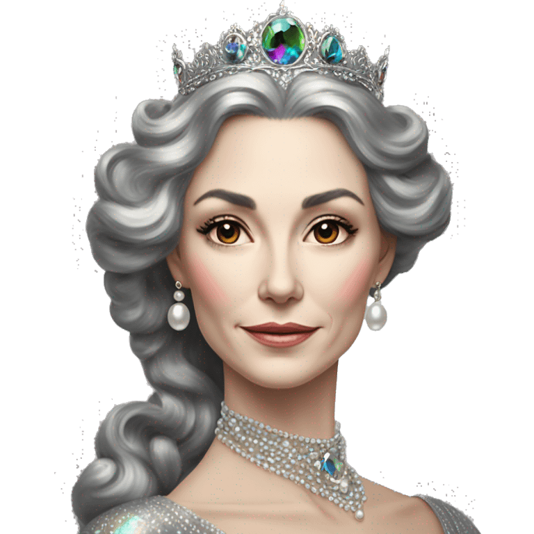 Regal pretty slender middle age woman photograph defined cheekbones high cheekbones crown vintage with very long iridescent black and silver hair wavy long hair pearl crown iridescent emoji