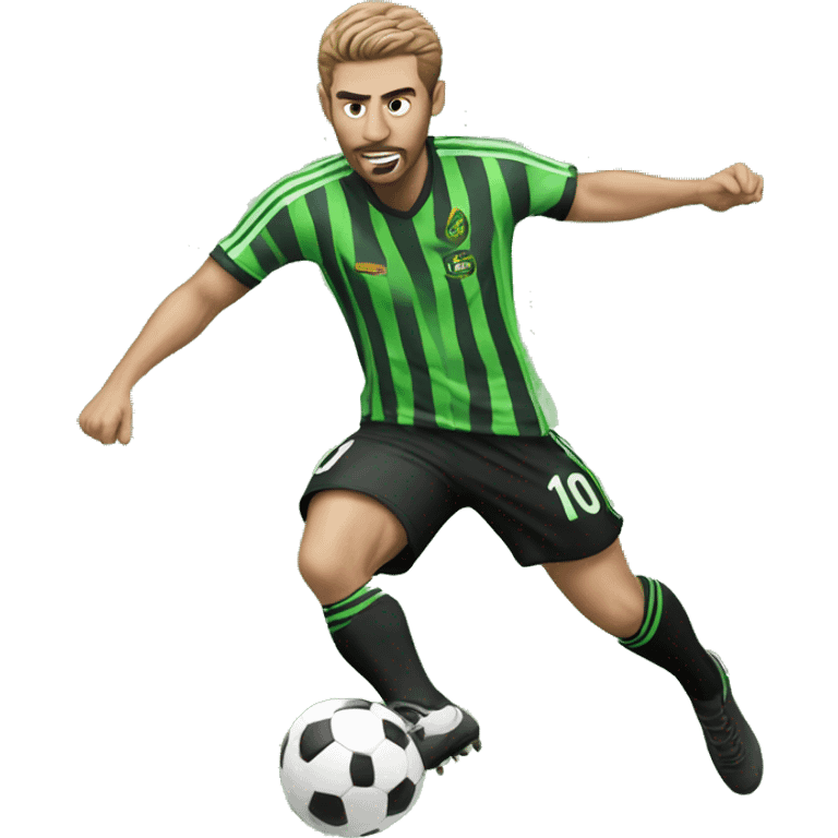 Footballer in a green black stripped kit, kicking a football emoji