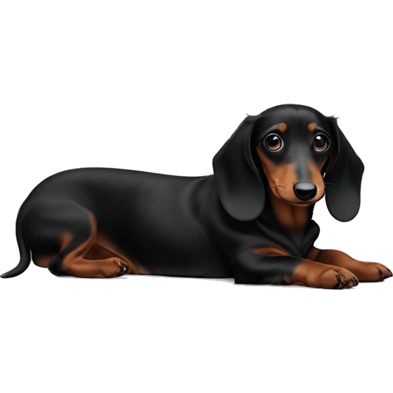 a puppminiature black long haired dachshund lying tummy up with his tongue out emoji