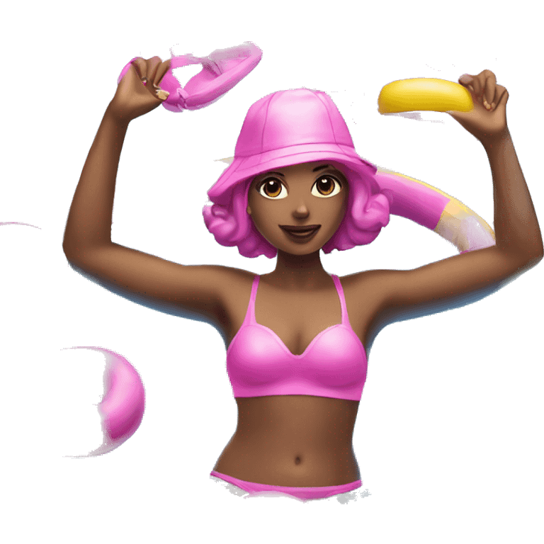 pink swimming pool with pink rubber ring and glamour girl emoji