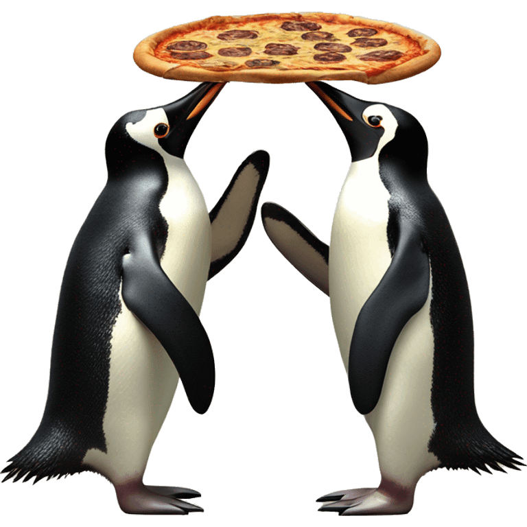 2 penguins fighting over a piece pizza ￼ emoji