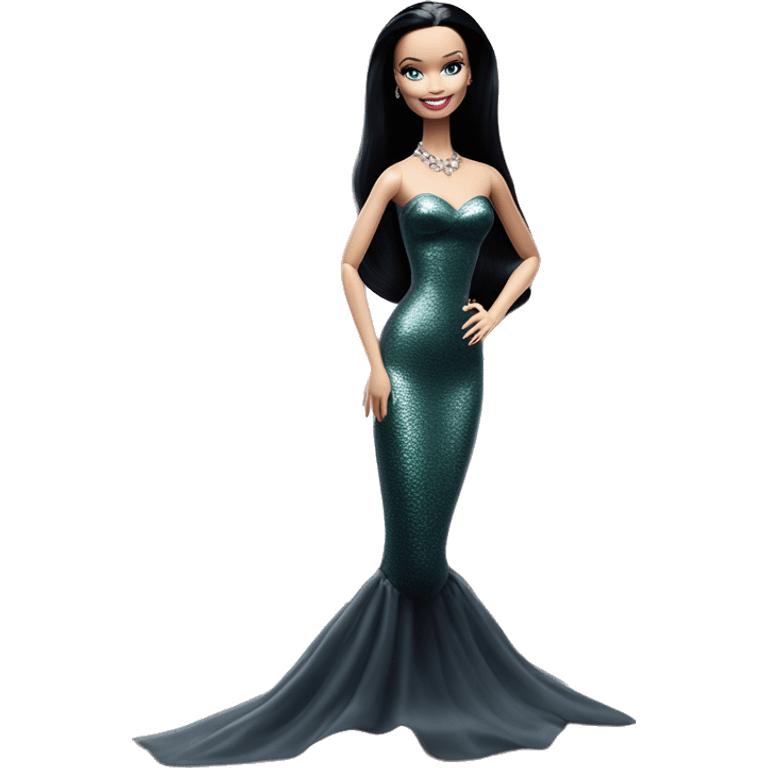 Mermaid Gown Barbie. Teen Morticia Addams at home. Smiling. Filmy organza nightgown . Very Pale-white porcelain skin.  emoji