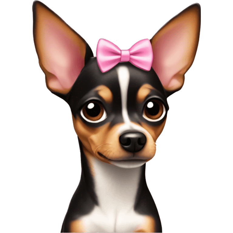 Miniature pinscher chihuahua mix wearing a pink bow emoji