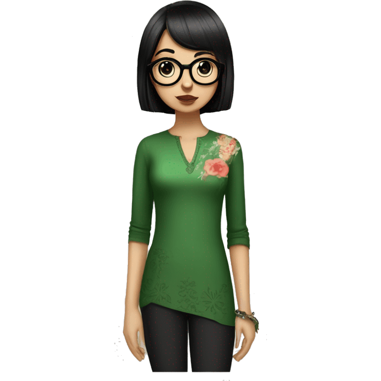 White skinny girl in a green kurta with flower design, glasses, alot of piercing, gay, red lips, nose ring, full body, short straight black edgar hair, black straight hair, front bangs emoji