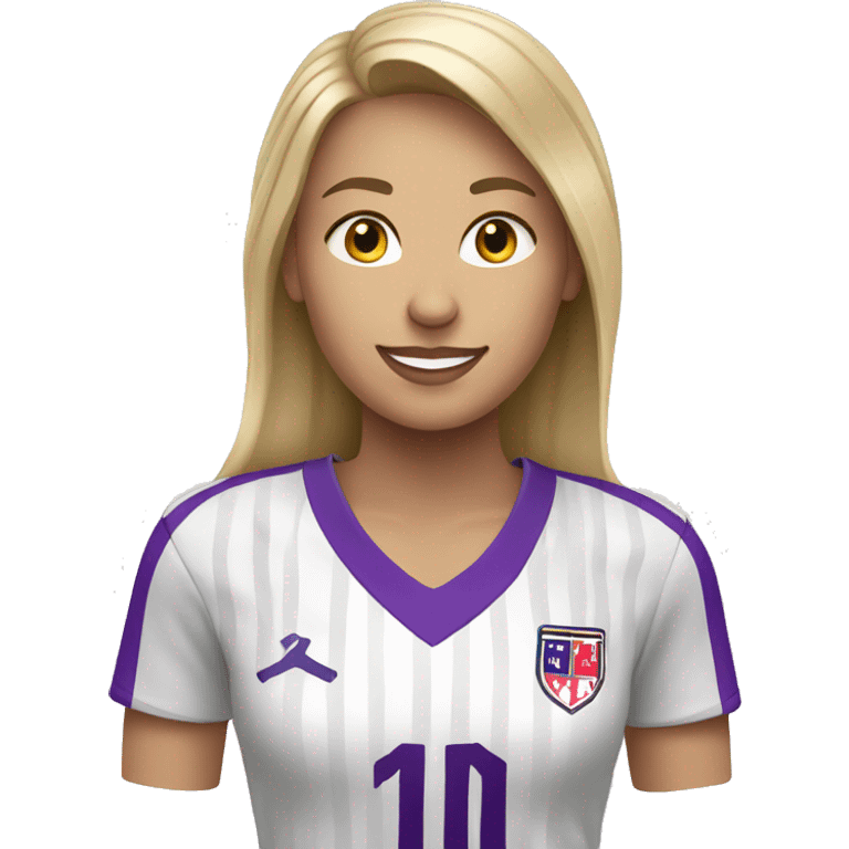 a blonde woman in white soccer jersey with purple pinstripes emoji