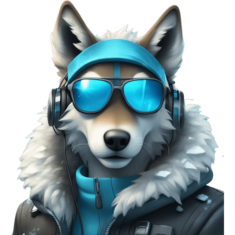 A beautiful cyberpunk Wolf on blue ice and snow around wearing sunglass and headphones emoji