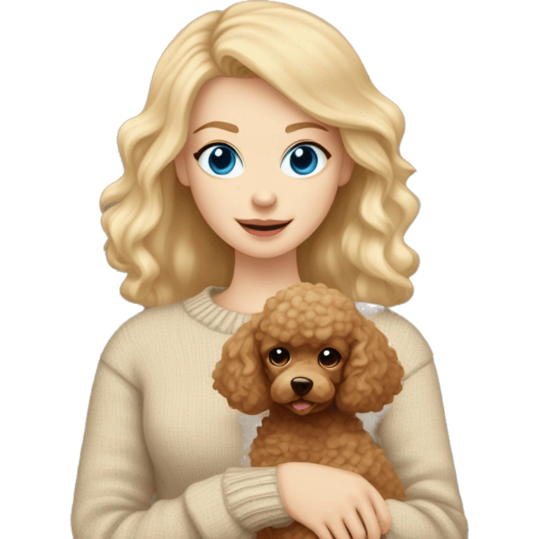 Pretty blue eyed white girl with blonde hair in a beige sweater holding a brown sweet toy poodle emoji