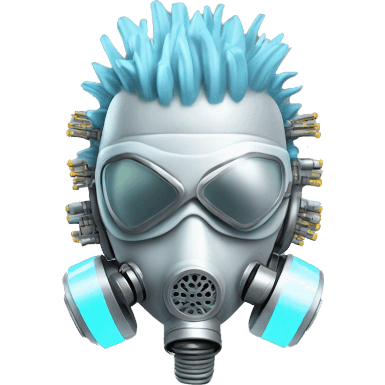 Light blue Mohawk female cyborg head with silver respirator mask and circuits emoji