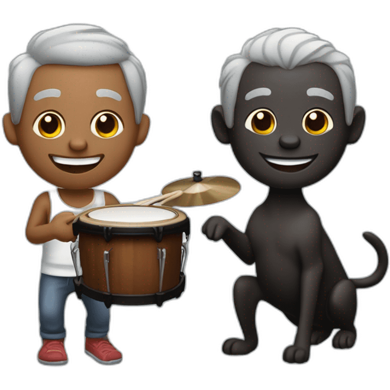 Dark skin guy with slightly receiding grey hair. Smiling playing bongos. With a black dog with brown spots, next to him  emoji