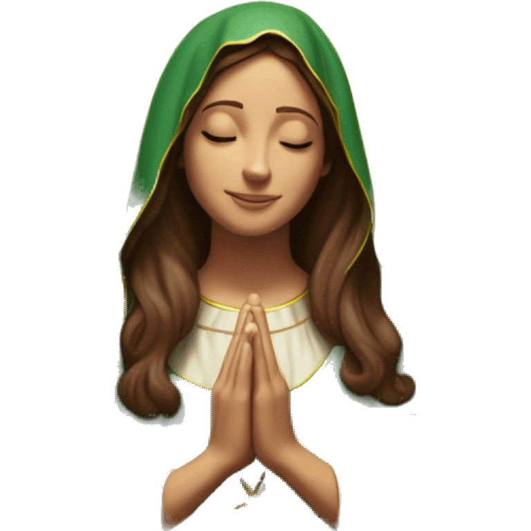 Virgin Mary: kind face looking down at the left, long brown hair, Wearing an emerald green  robe with gold stars and a burgundy red dress,  Hands in prayer or blessing. Halo around her head. standing in front of a big sun. colorful roses on the sides  emoji