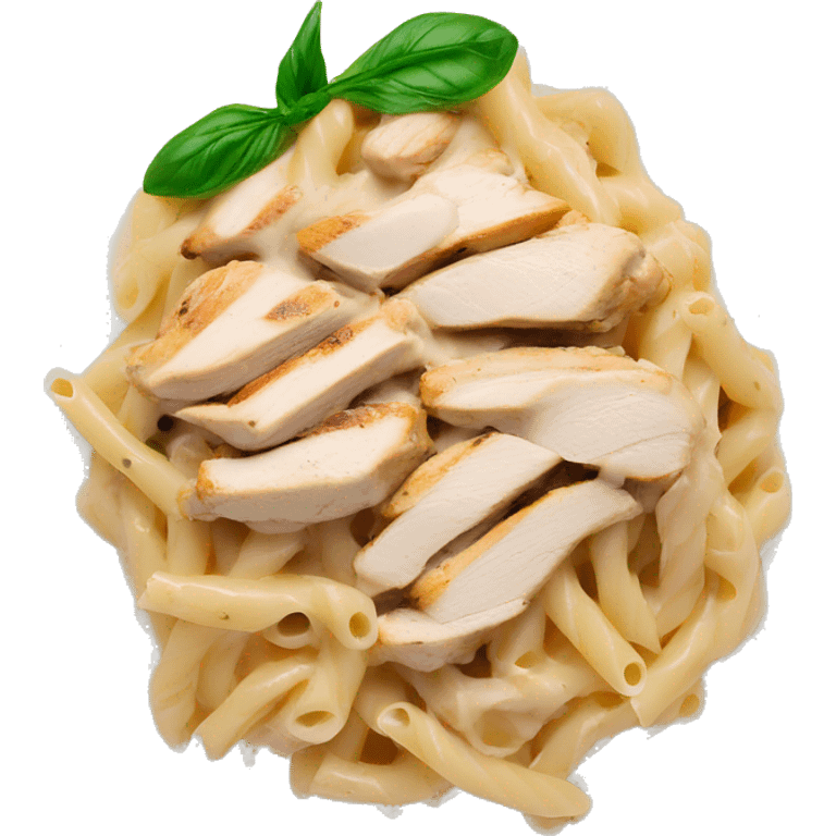 Chicken Alfredo pasta with white crème sauce and grilled chicken on top emoji