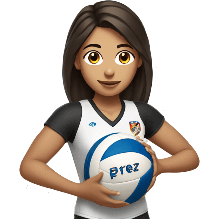 Female girl volleyball player with dark brown hair holding a volleyball with a jersey with the name Pérez on the back emoji