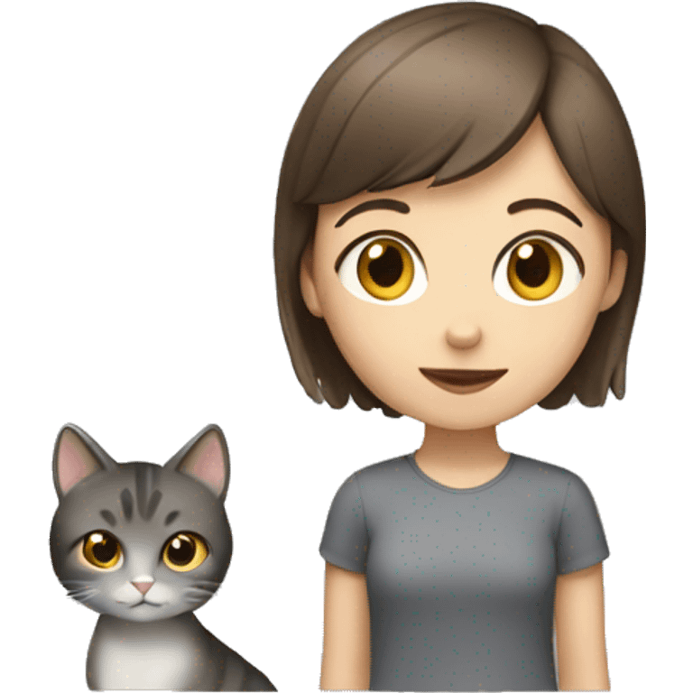 Girl with a short brown hair with grey cat emoji