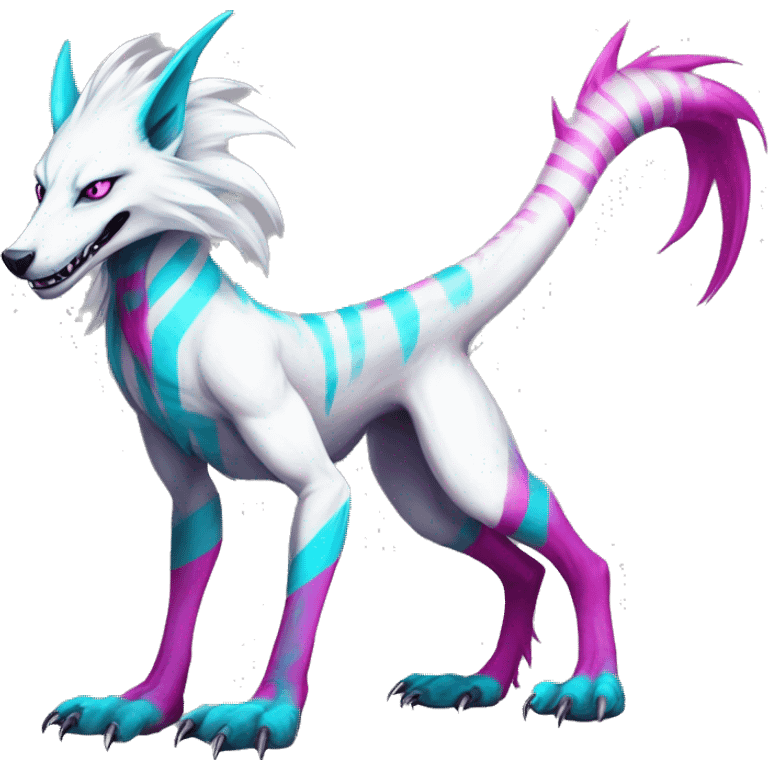 White badass elegant wild beautiful natural cute badass epic anthro modern albino sergal-vernid-creature with cyan mane and magenta eyes with cyan edgy stripes, full body emoji