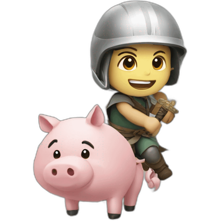 a boy riding a pig and holding a sword on the Great Wall emoji