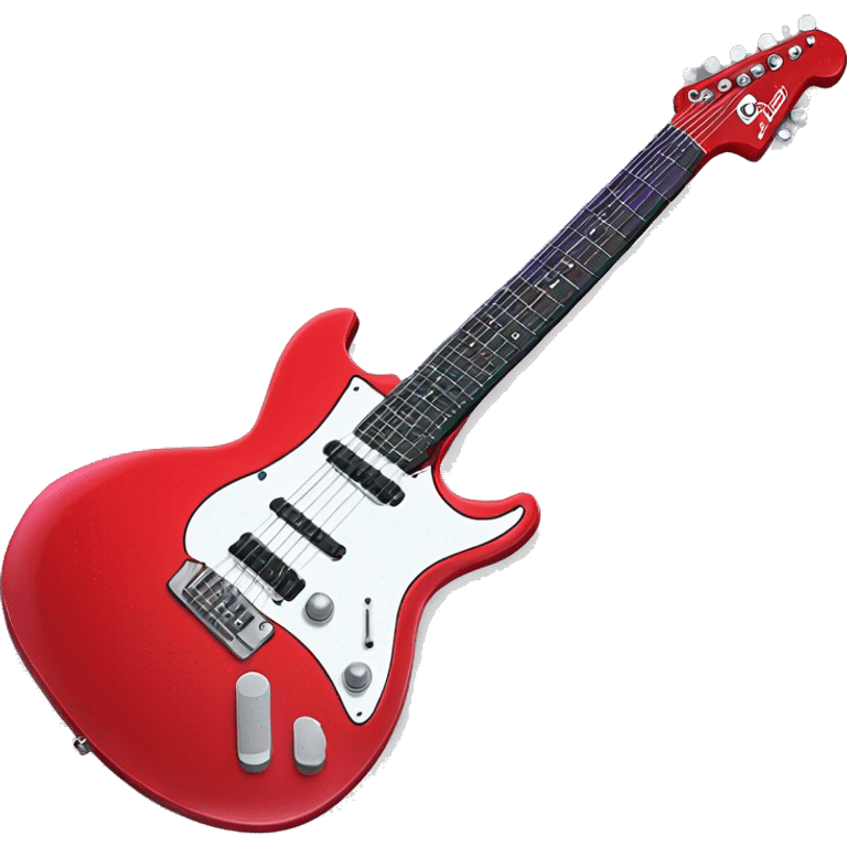 A bright red electric guitar with a shiny finish, white pickguard, and neon green strings. Add a glowing purple outline and faint music notes around it.   emoji