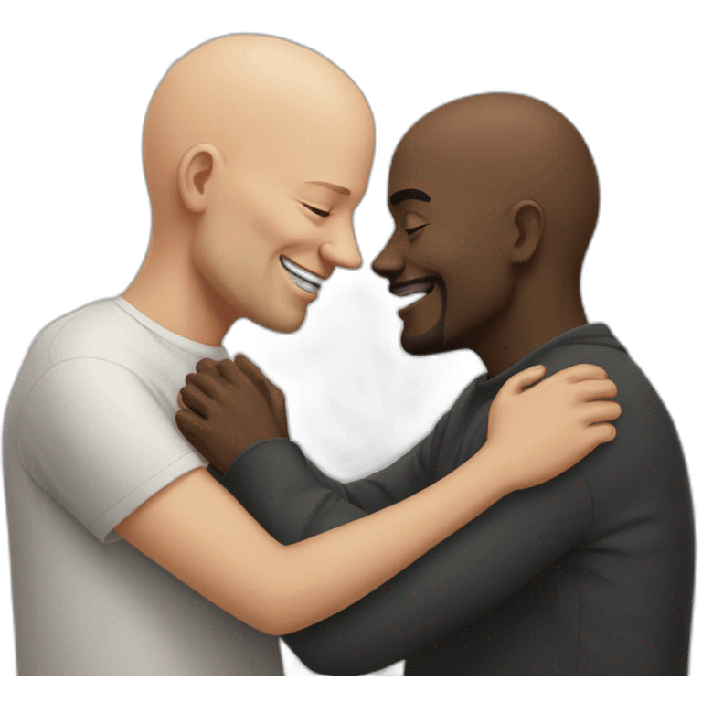 50 years old bald white guy hugs and kisses a 50 years old black bald guy emoji