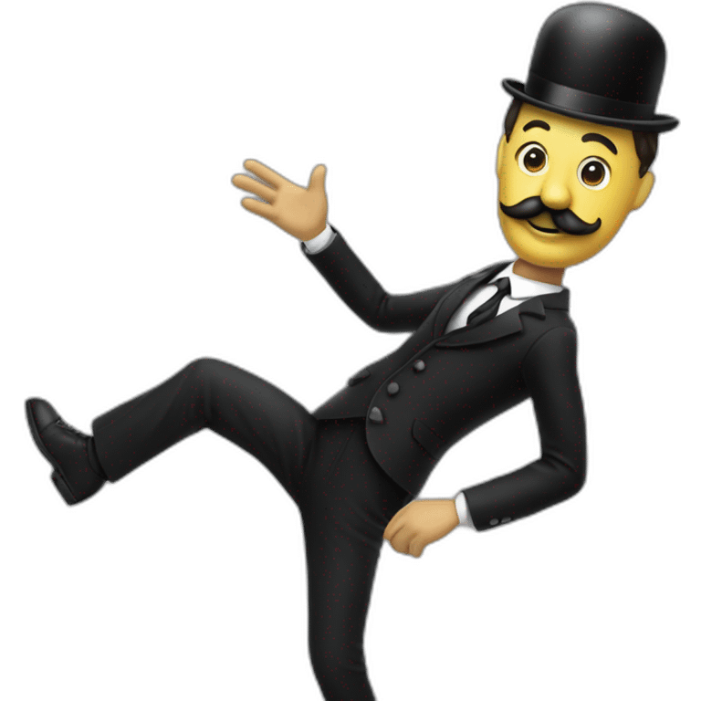 Person in black suit With Charlie Chaplin's moustache with right arm to the sky Palm to the Ground and other arm glued to the side of the body emoji