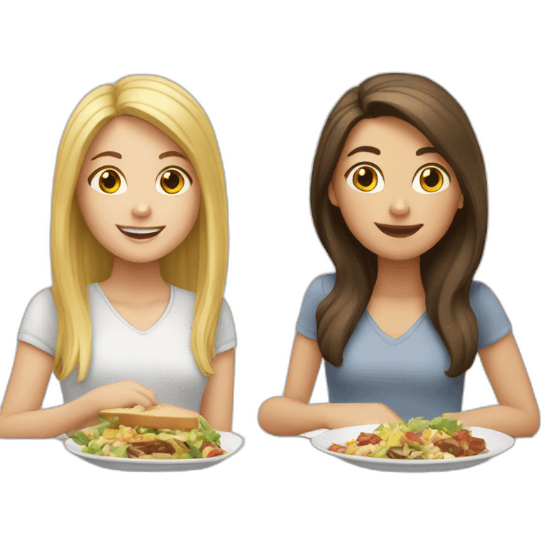 white girl with blonde hair and white girl with brunette hair eat lunch emoji