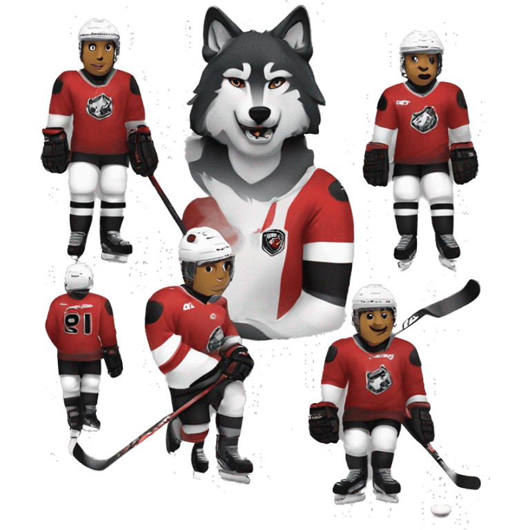 The Wolves hockey team in red white and black uniforms with the wolf emblem emoji