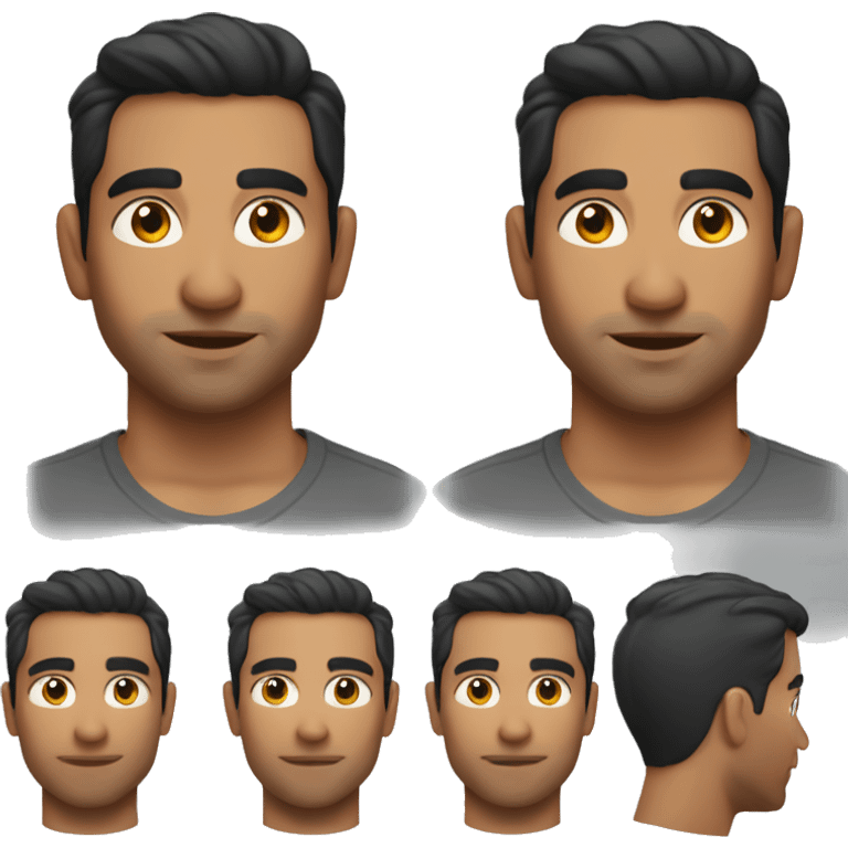 A head and shoulders shot of a 32 year old South Asian man, with short black hair, with none facial hair,   with brown eyes wearing a t-shirt. emoji