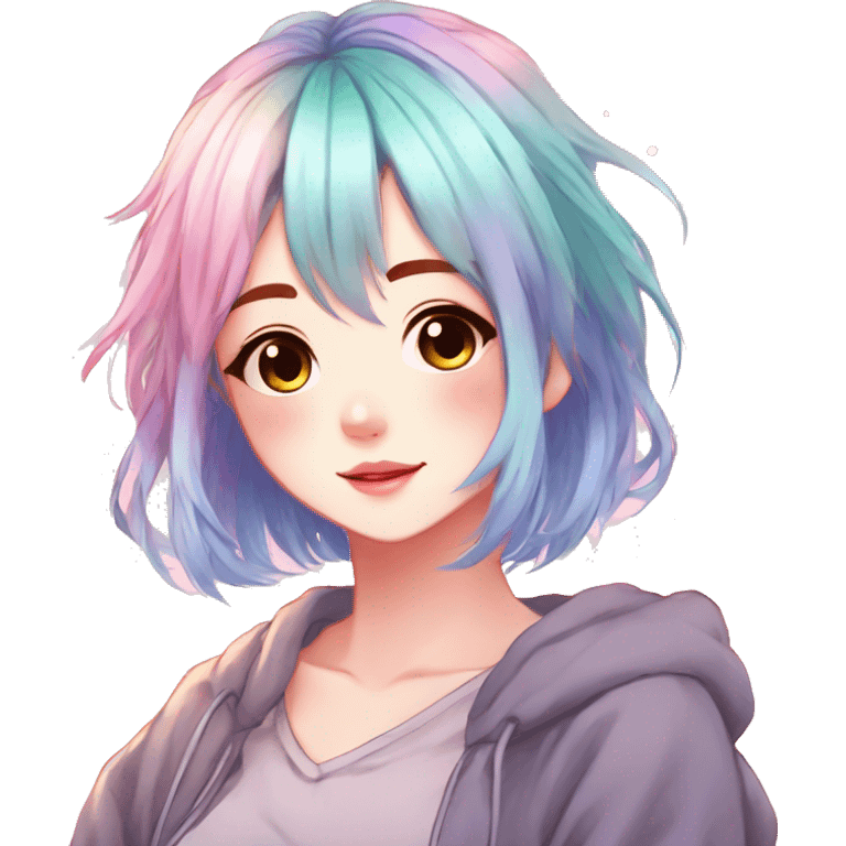 Gorgeous anime style shojo character with blushing face aesthetic and pretty colorful shiny gradient pastel hair with hair garment trending style emoji