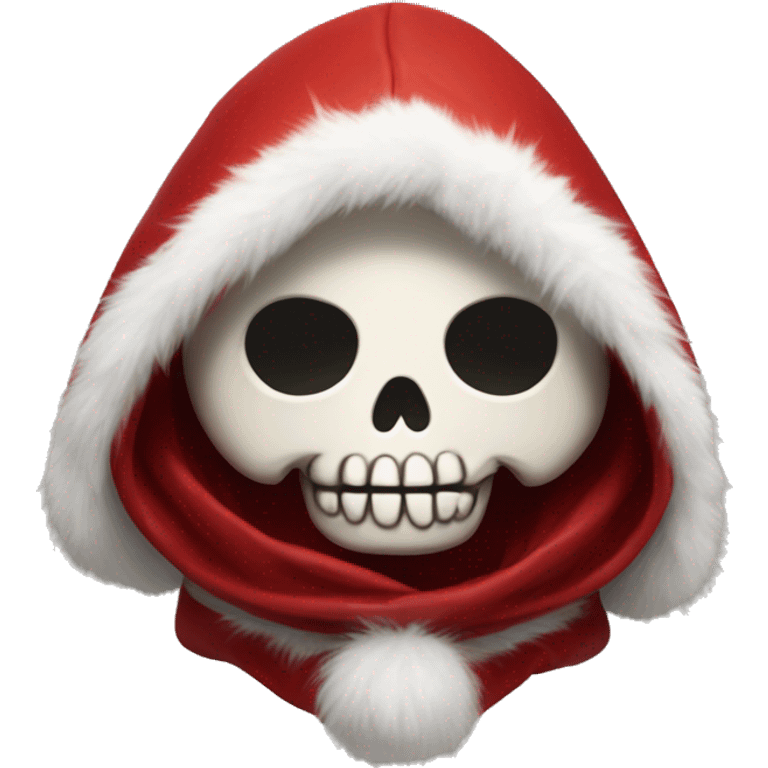 Cute, happy little skull wearing a red velvet hood with fluffy white fur trim. emoji