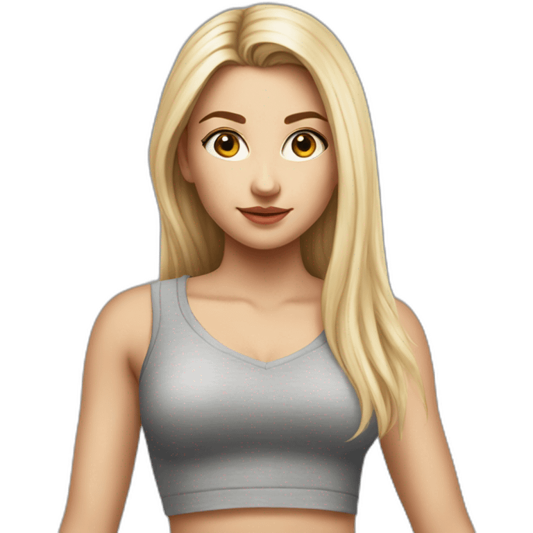 hyperrealist caucasian girl, long straight blonde hair, v-neck laced crop tanktop, grey tight mini skirt emoji