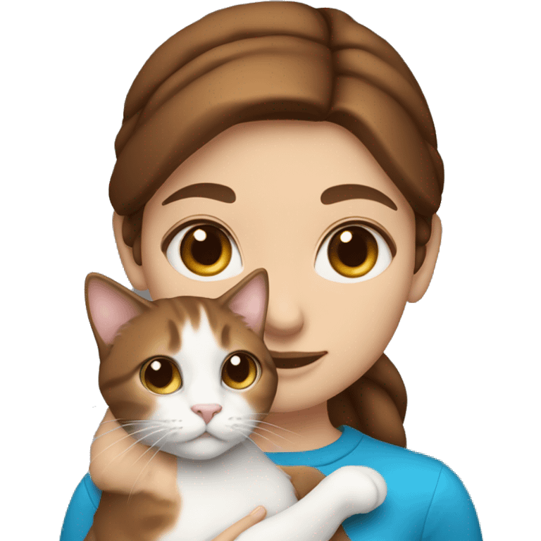 Girl with brown hair and blue eyes holding calico cat emoji