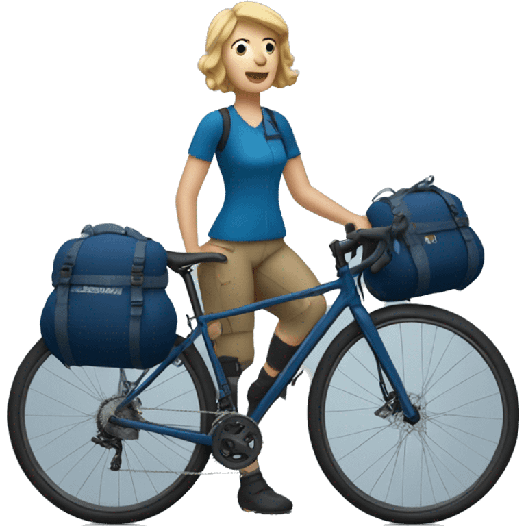 bikepacking white woman on a dark blue bike with bike bags at the back  emoji