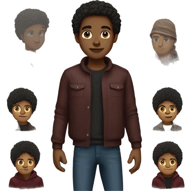 light black boy, tight to the head black brown hair, brown eyes, brown jacket, burgundy sweater emoji