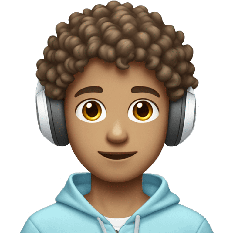 brown short curly haired brown eyed boy who is peach skinned wearing a white wireless headset and light blue hoodie emoji