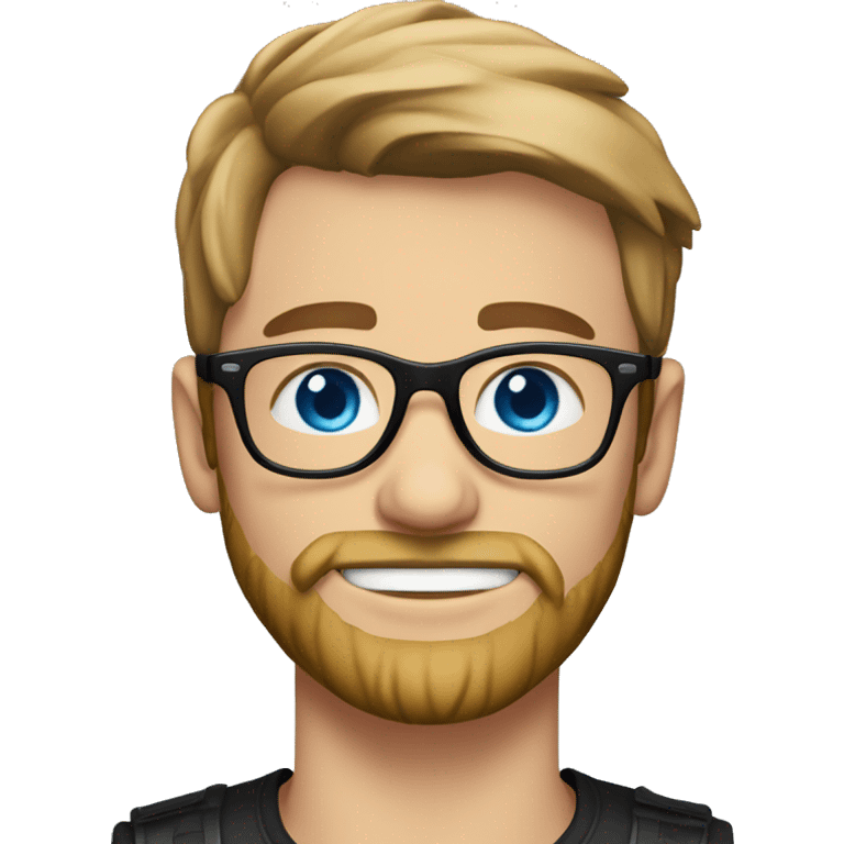 A young white man with blue eyes and a scruff beard. Wearing a black hat and black glasses emoji