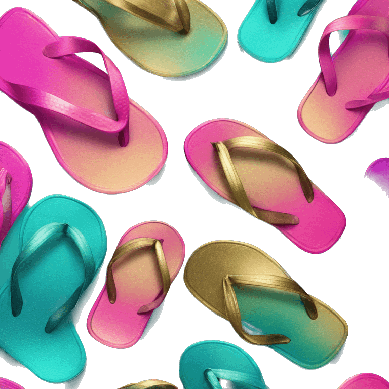 Realistic metallic gold ,hot pink and dark turquoise gradient pair of summer flip flops isolated. emoji