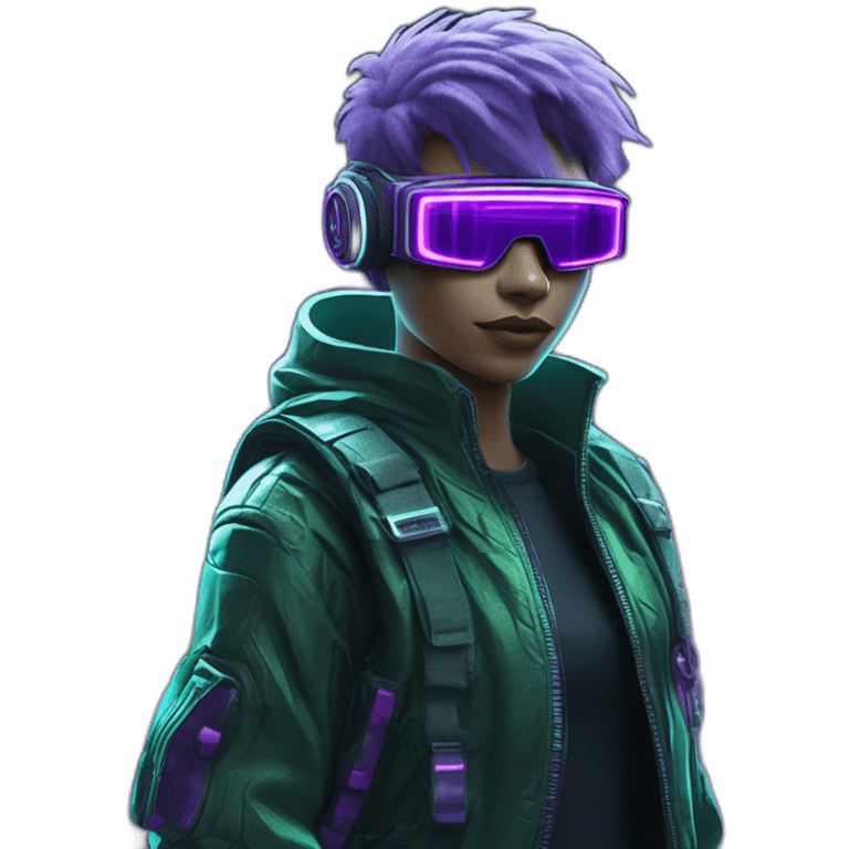 3D Emoji of a techwear Futuristic streetwear metaverse high tech clothesLemon green and purple neon READY PLAYER ONE matrix Cyberpunk emoji