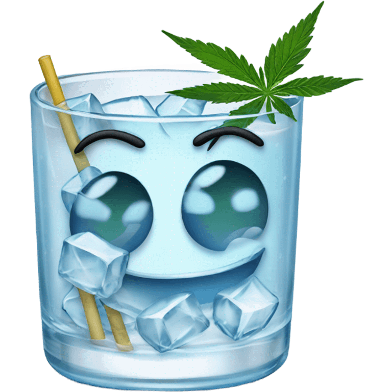 A smiling rocks glass filled with ice, cannabis garnish, straw and ice cubes emoji