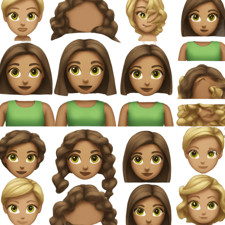 a girl with green eyes, brown straight long hair, medium lips with corners, oval face, small nose emoji