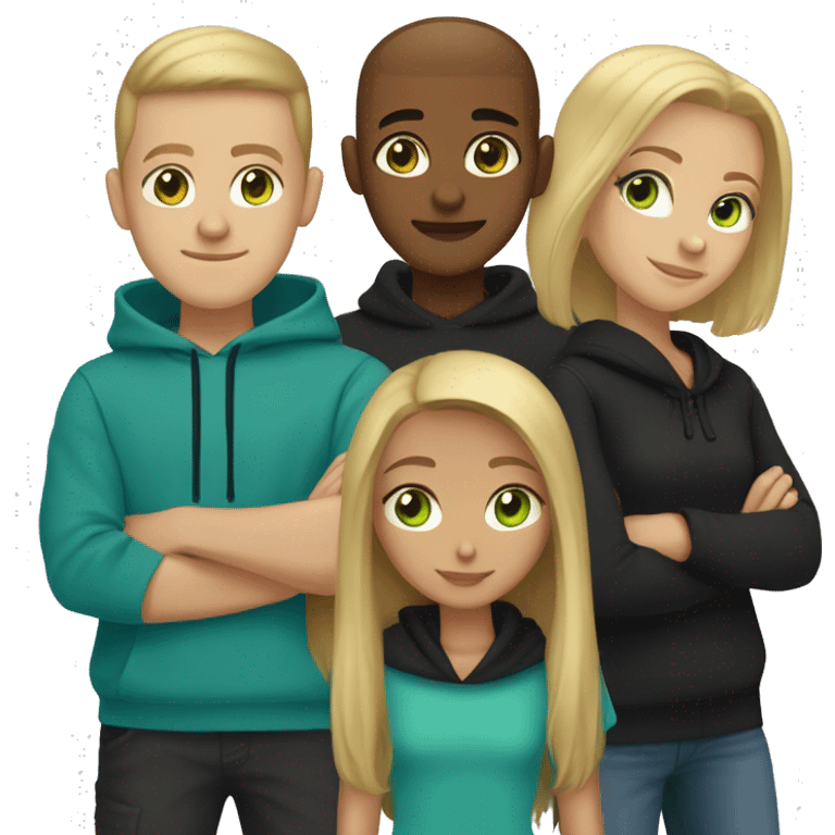 A couple with a light Brown Long hair girl and a Boy with a blonde buzzcut Both Wearing an black hoodie and the girl has light Green eyes the Boy has Blue eyes emoji