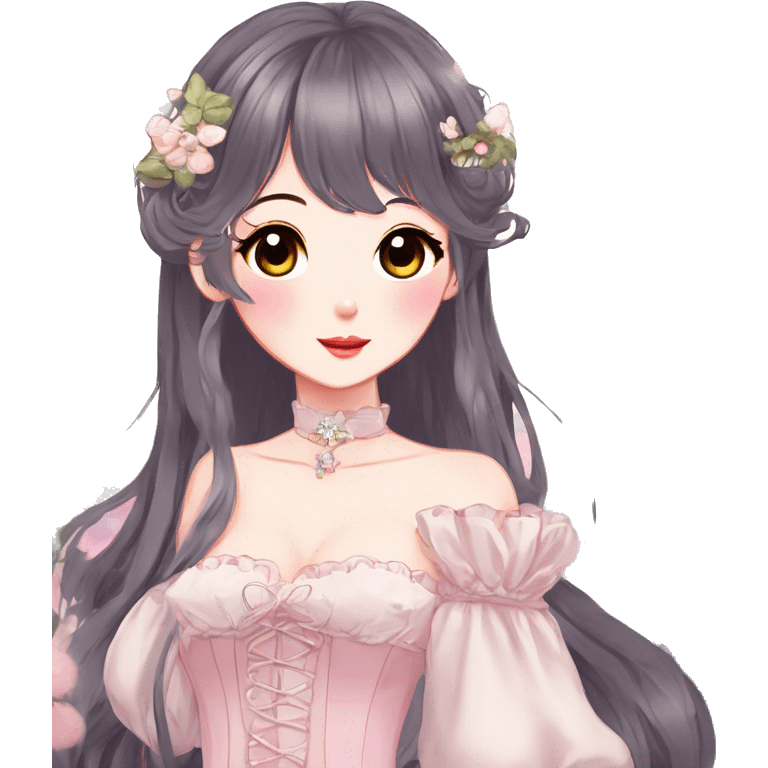 Gorgeous anime style lady with blushing face and accessories cottagecore fairycore Kawaii anime colorful pearly romantic aesthetic trending style emoji