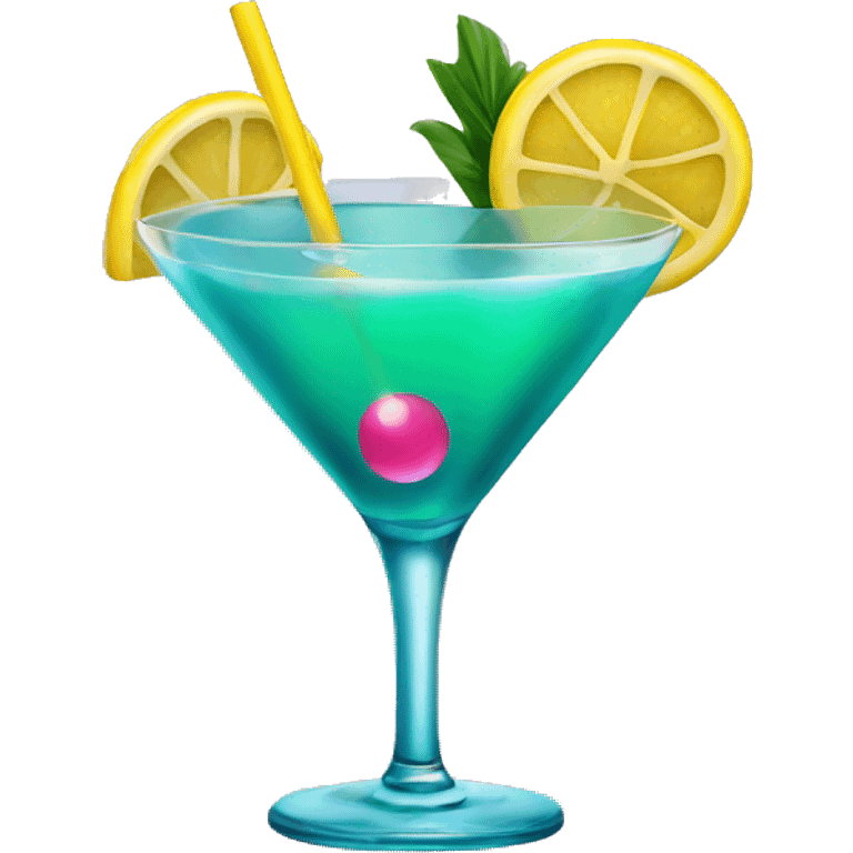 Bluish green cocktail with pink and yellow emoji