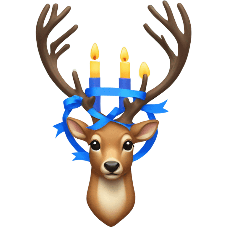 Deer with 4 antlers lit up like candle on each side with a blue ribbon around neck  emoji