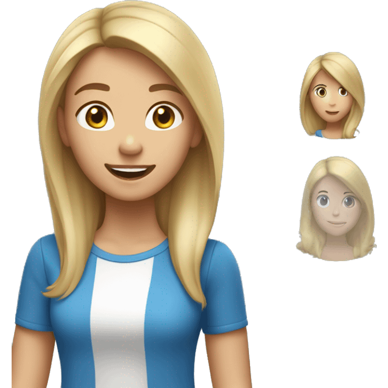 23 year old girl who is tall with brunette hair and blonde highlights. wearing a blue shirt and appears excited emoji