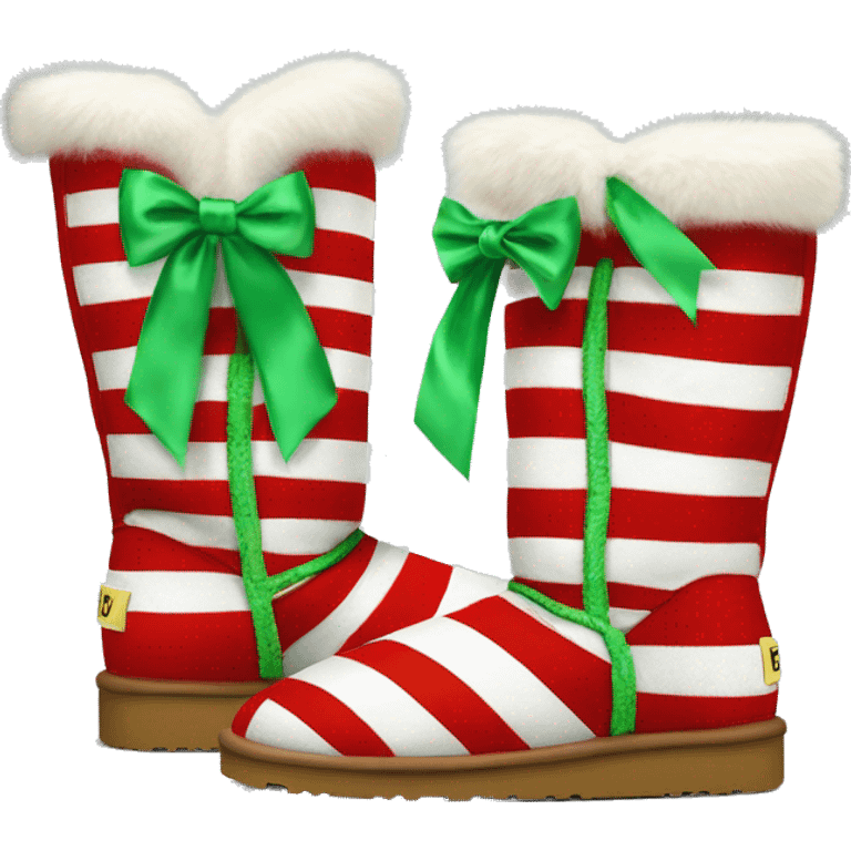 Realistic red and white striped fur Ugg boots with light green silk ribbon bows isolated.  emoji