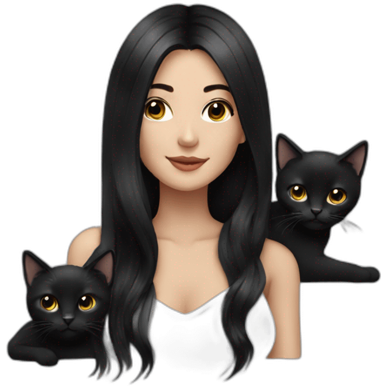 Beautiful woman with long black hair and with black cats on her shoulder  emoji