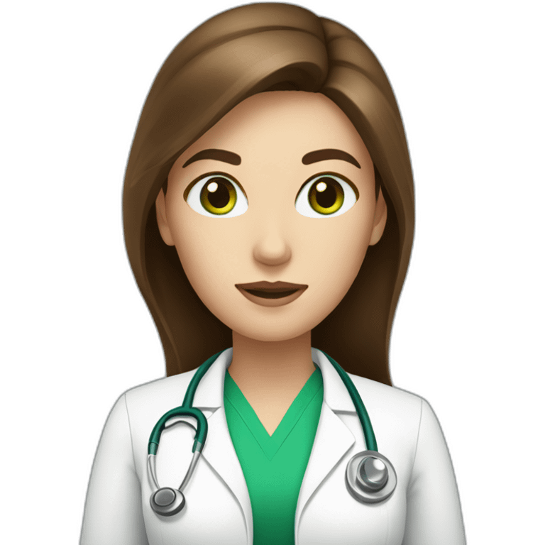 Doctor woman with long brown hair, white skin and green eyes emoji