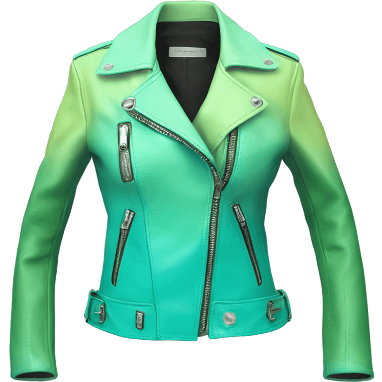 Hyper Realistic side view of an open tiffany blue ,pistachio green,sky blue and mint green ombre feminine fashion leather jacket. emoji