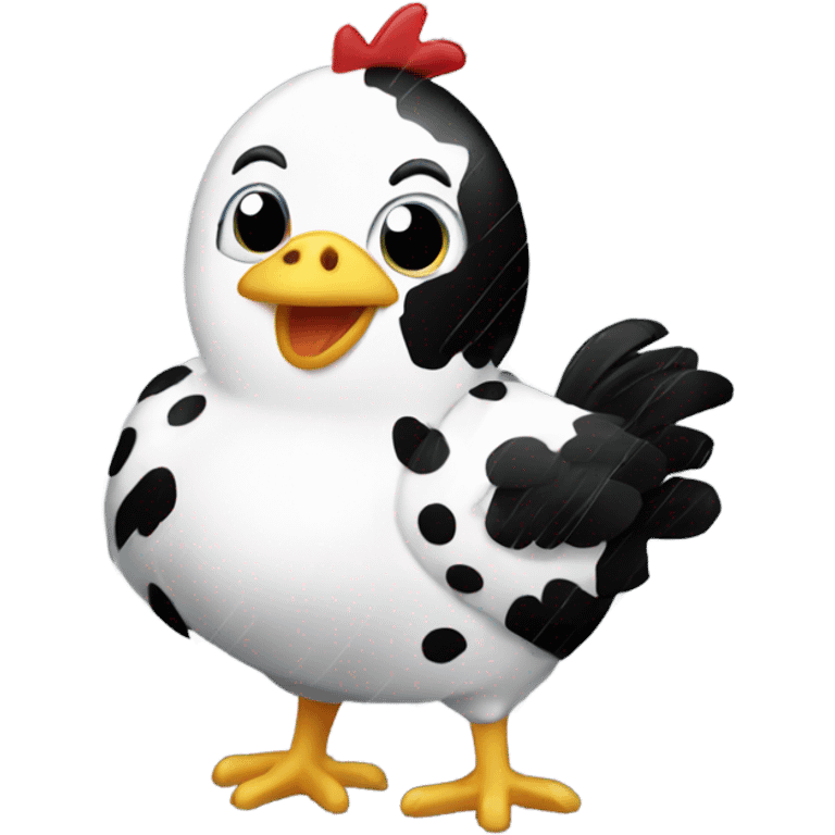 Black and white spotted chicken in the rain emoji